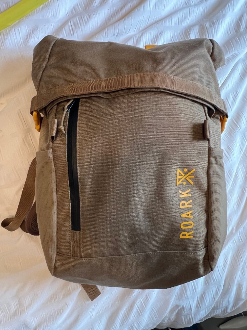 Roark Passenger 2.0 27L rolltop canvas backpack in toffee color (tan)